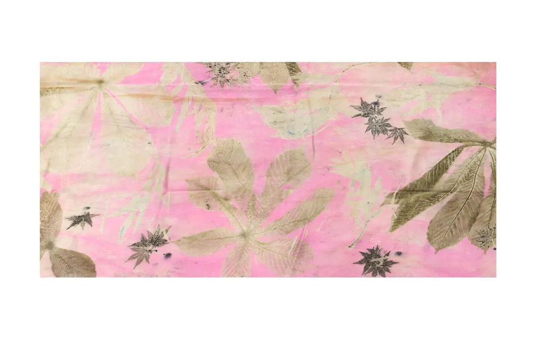 Fuşya Saf İpek El Baskısı Ekolojik Kadın Şal Silk and Cashmere