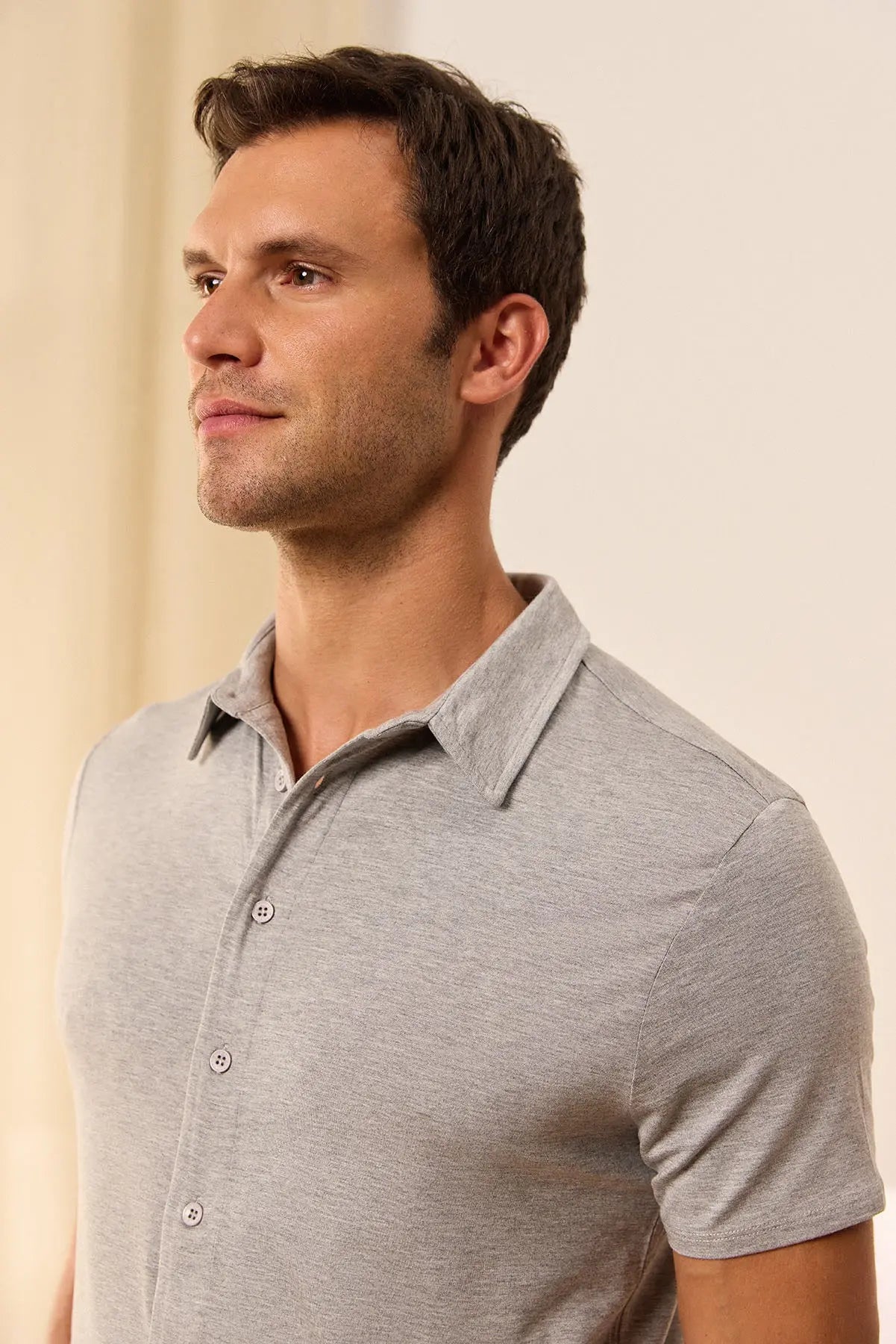 Gri Fersatile Kısa Kollu & More Modal Erkek Tişört Gömlek Silk and Cashmere