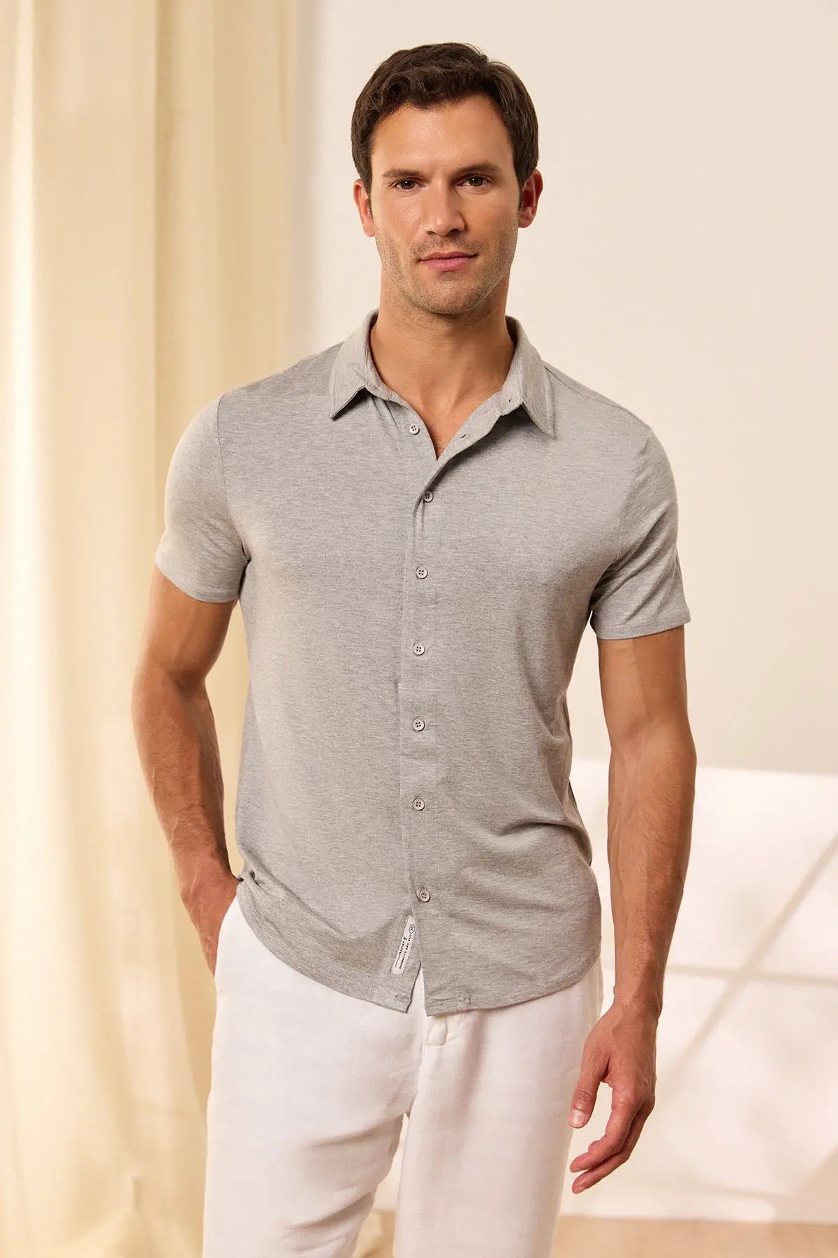 Gri Fersatile Kısa Kollu & More Modal Erkek Tişört Gömlek Silk and Cashmere