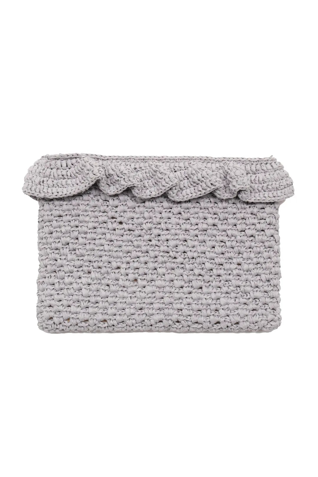 Gri Nina Rafya Fırfır Detaylı  El Çanta 30x21cm Silk and Cashmere