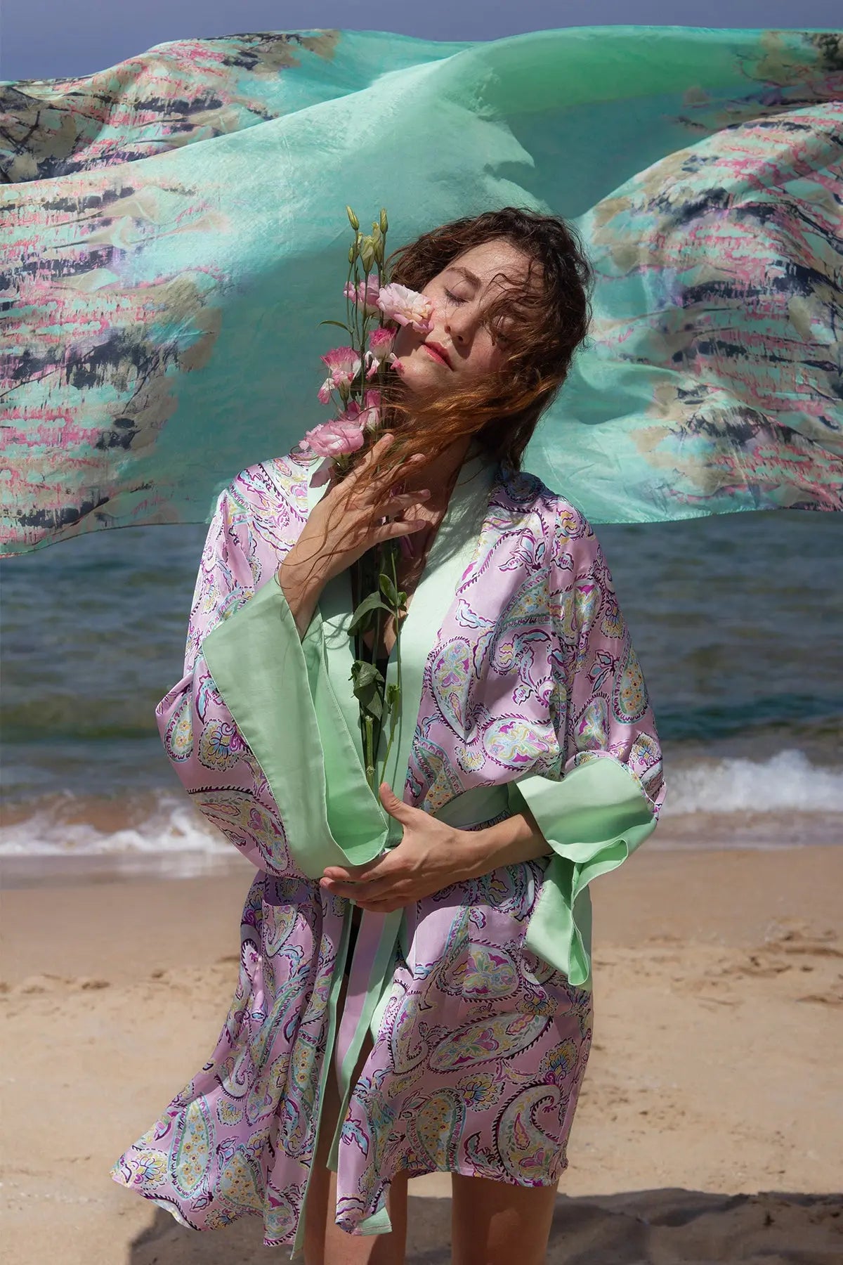 Gül Kurusu Jas  Cupro Desenli Kemerli Kadın Kimono Hırka Silk and Cashmere