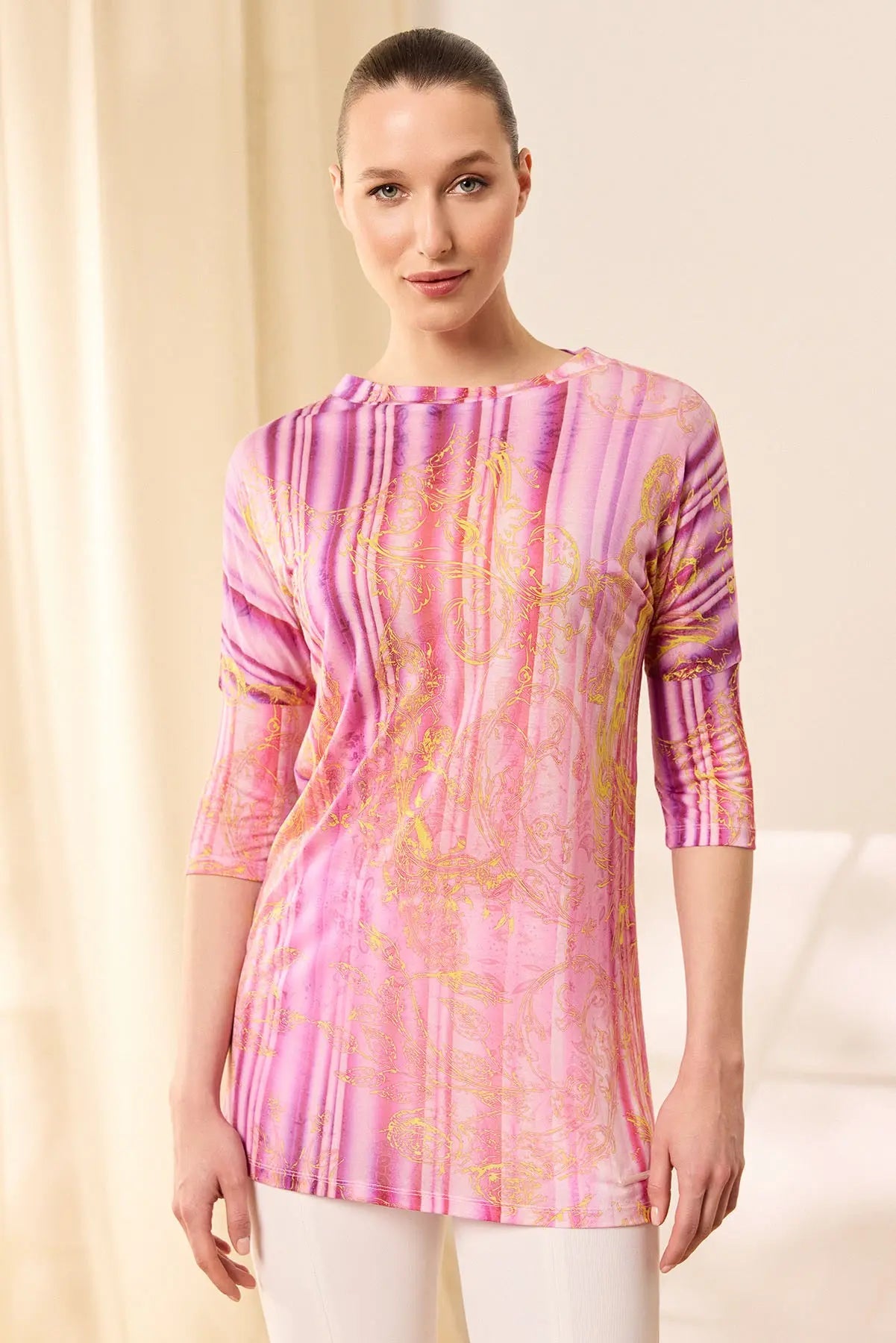 Gül Kurusu & More Sirena Etnik Baskılı Süper İnce Modal T Kollu Üst Silk and Cashmere