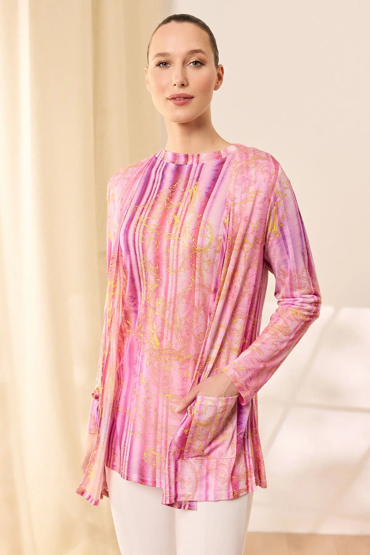 Gül Kurusu & More Sirena Etnik Baskılı Süper İnce Modal Tişört Hırka Silk and Cashmere