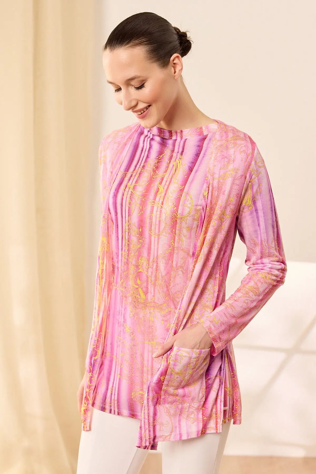 Gül Kurusu & More Sirena Etnik Baskılı Süper İnce Modal Tişört Hırka Silk and Cashmere