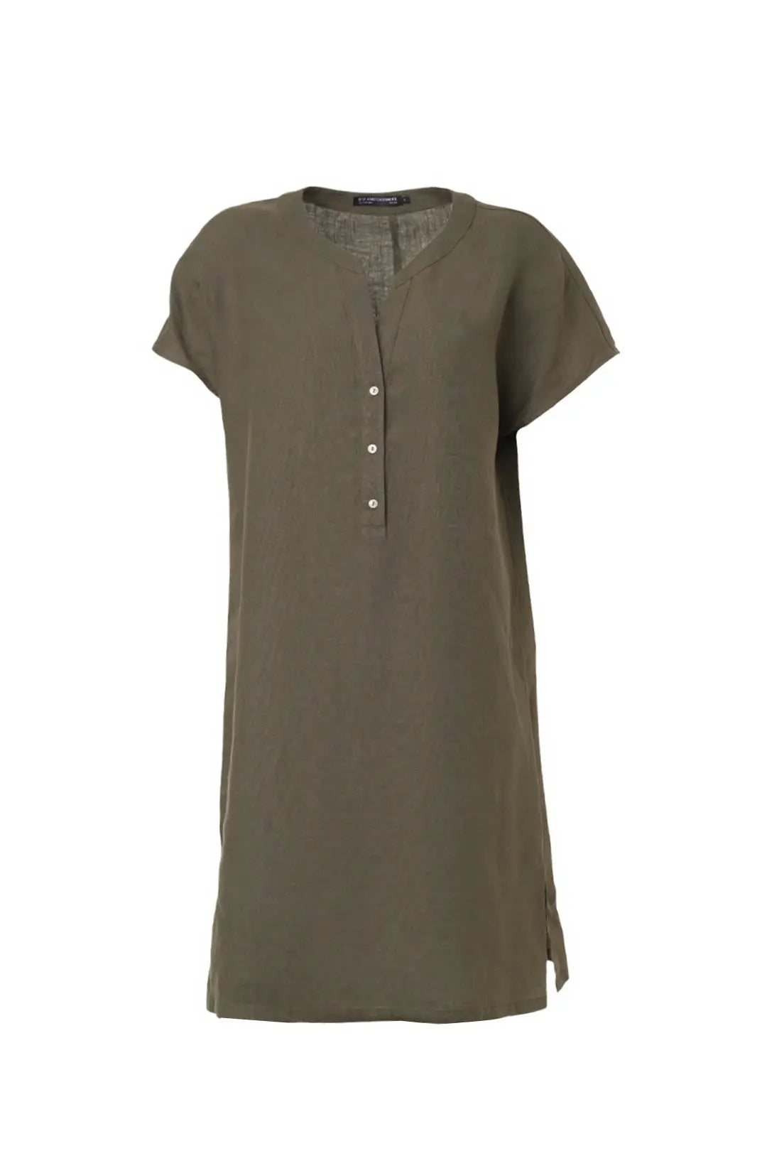 Haki Keten Kate V Yaka Ksa Kollu Elbise Woman