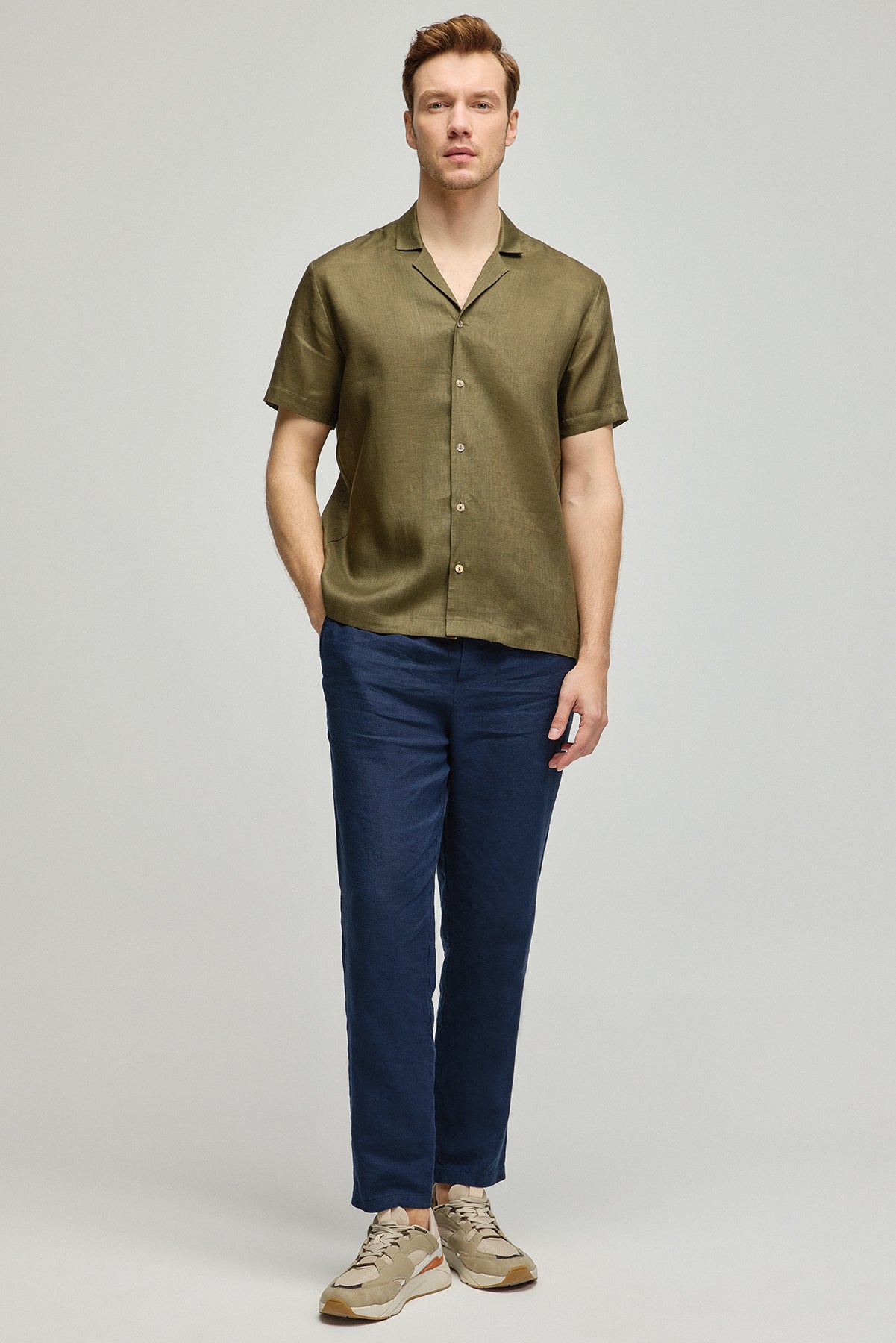 Haki Leon Keten Kısa Kollu Erkek Gömlek