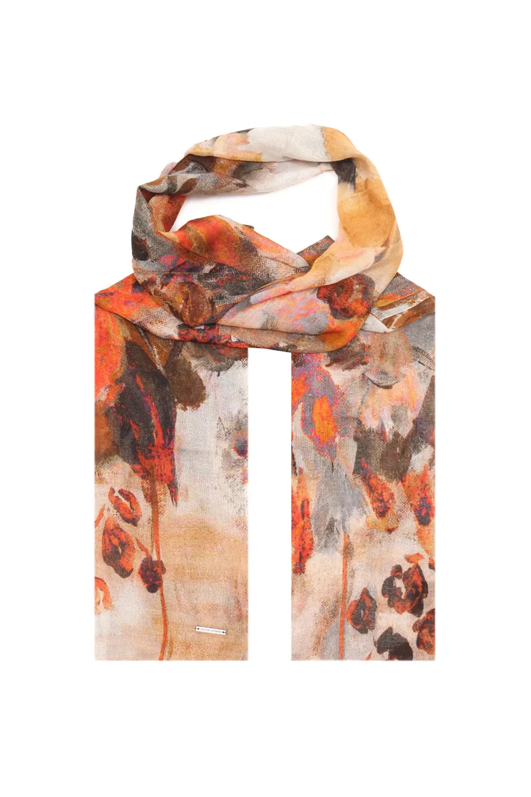 Kahverengi Jas İpekli Çiçek Desen Şal Silk and Cashmere