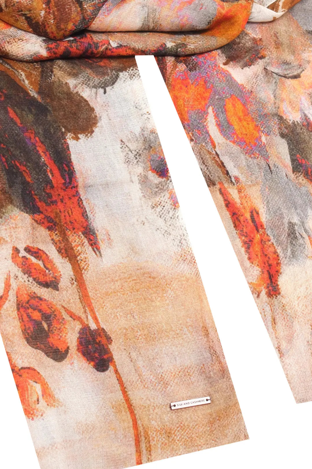 Kahverengi Jas İpekli Çiçek Desen Şal Silk and Cashmere