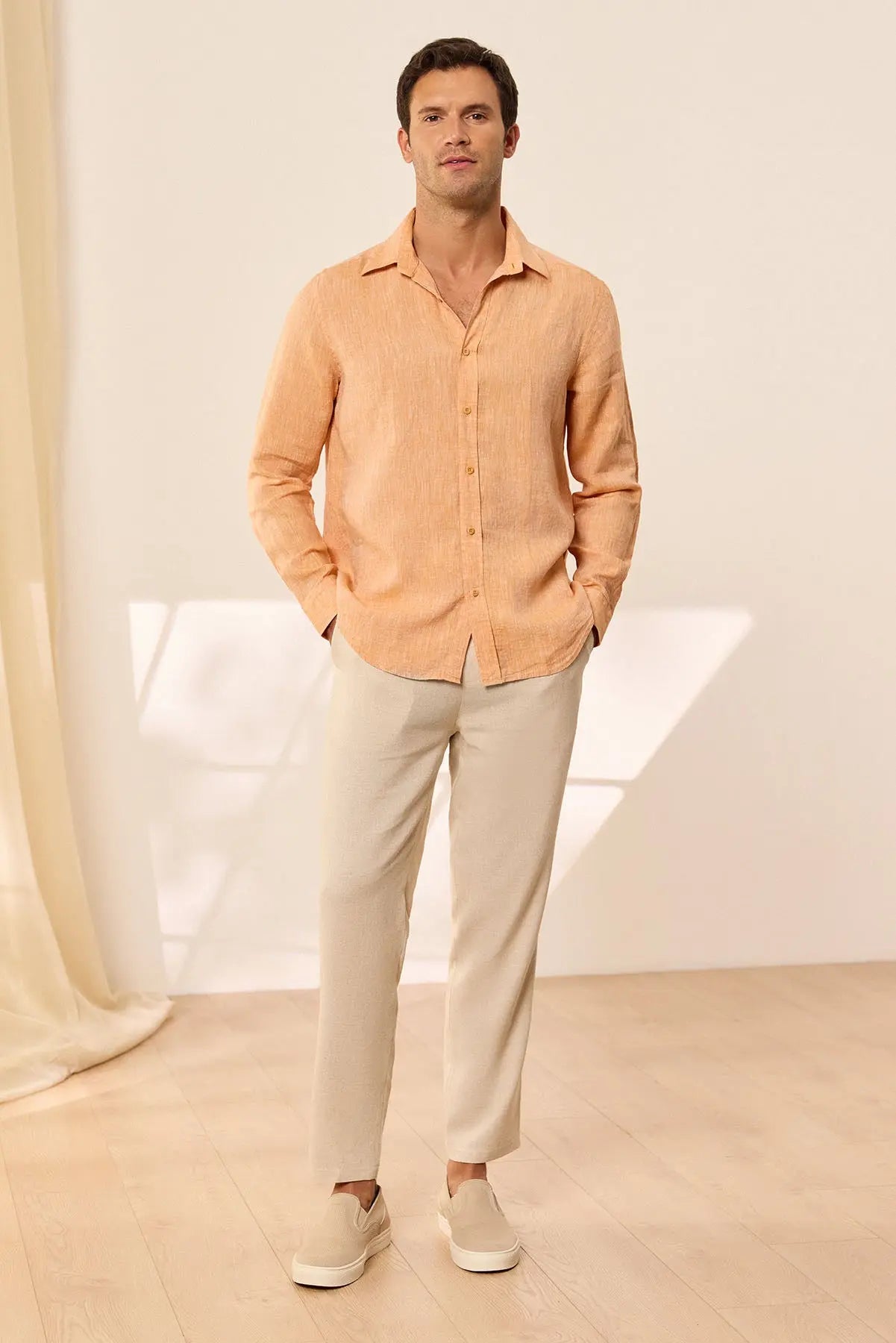 Kavuniçi Keten Leon Regular Kesim Erkek Gömlek MAN