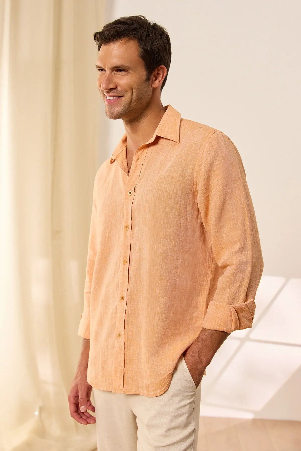 Kavuniçi Keten Leon Regular Kesim Erkek Gömlek MAN