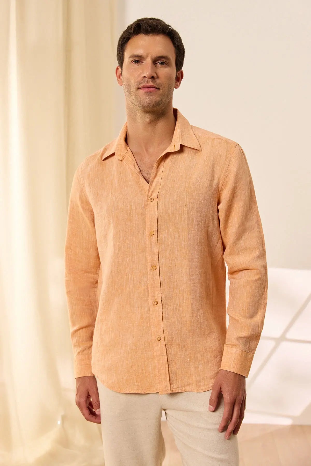 Kavuniçi Keten Leon Regular Kesim Erkek Gömlek MAN