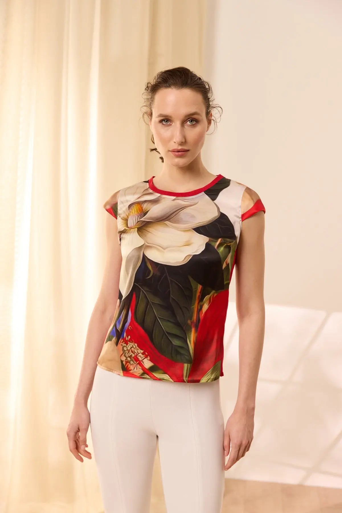 Kırmızı İpek Karışımlı Goya Yuvarlak Yaka Kısa Kollu Desenli Bluz Knitted/Woven