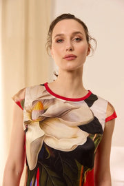 Kırmızı İpek Karışımlı Goya Yuvarlak Yaka Kısa Kollu Desenli Bluz Knitted/Woven