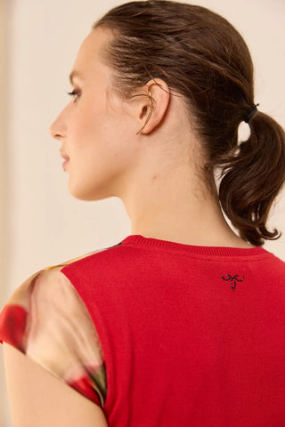 Kırmızı İpek Karışımlı Goya Yuvarlak Yaka Kısa Kollu Desenli Bluz Knitted/Woven