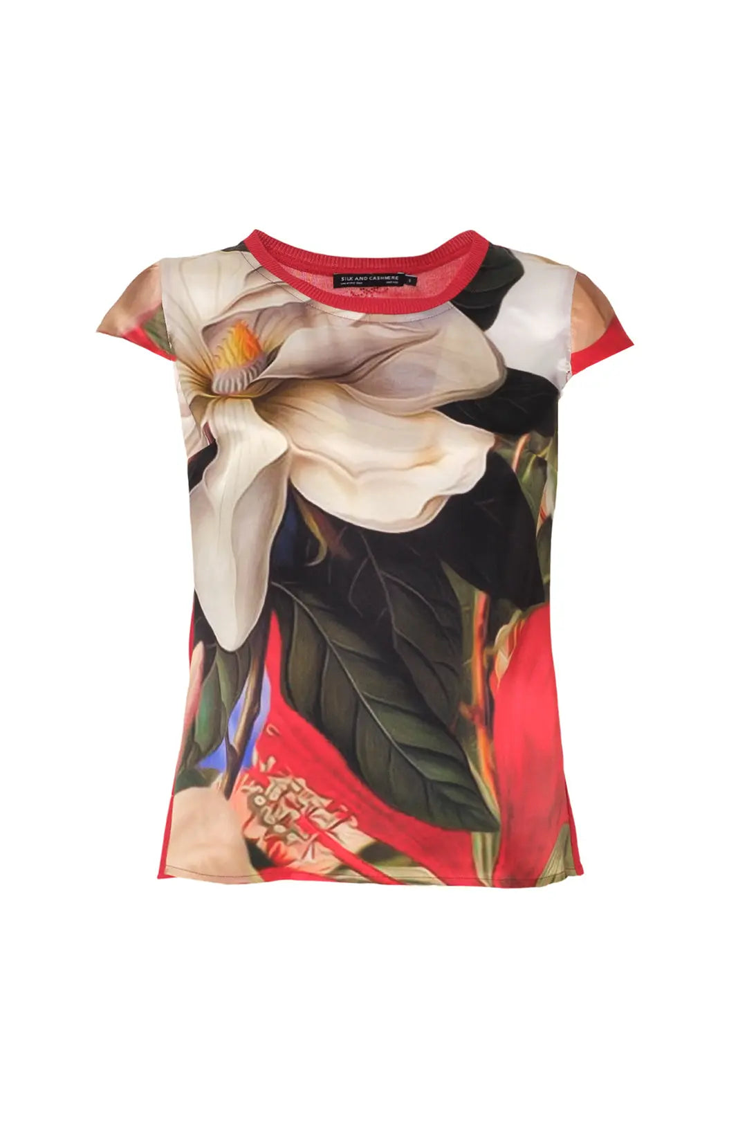 Kırmızı İpek Karışımlı Goya Yuvarlak Yaka Kısa Kollu Desenli Bluz Knitted/Woven