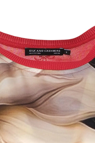 Kırmızı İpek Karışımlı Goya Yuvarlak Yaka Kısa Kollu Desenli Bluz Knitted/Woven