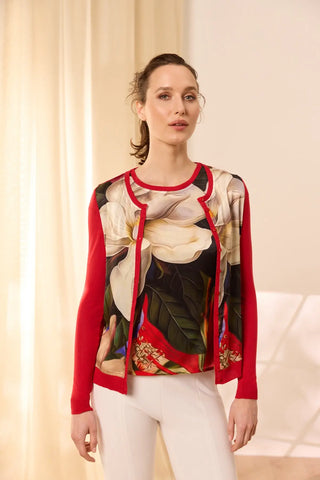 Kırmızı İpek Karışımlı Goya Yuvarlak Yaka Uzun Kollu Desenli Hırka Silk and Cashmere