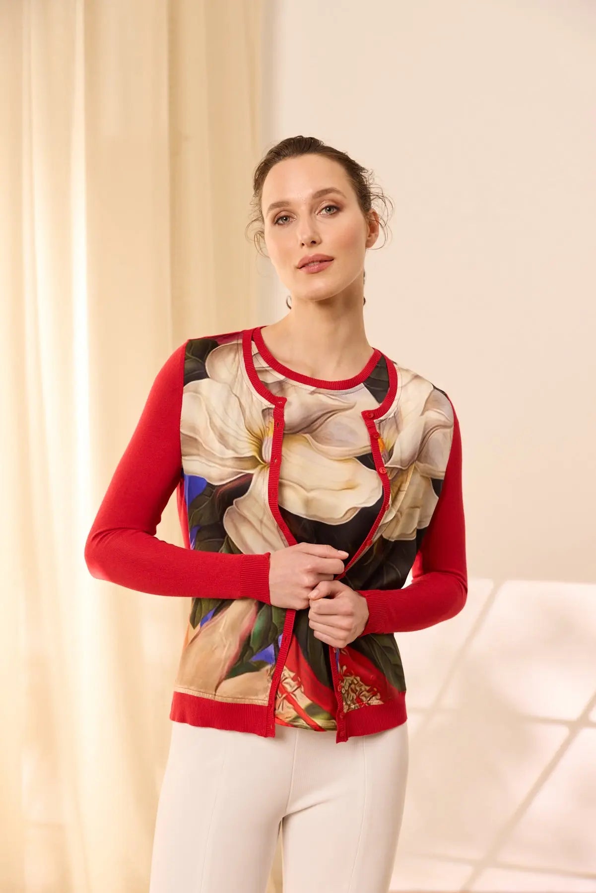 Kırmızı İpek Karışımlı Goya Yuvarlak Yaka Uzun Kollu Desenli Hırka Silk and Cashmere