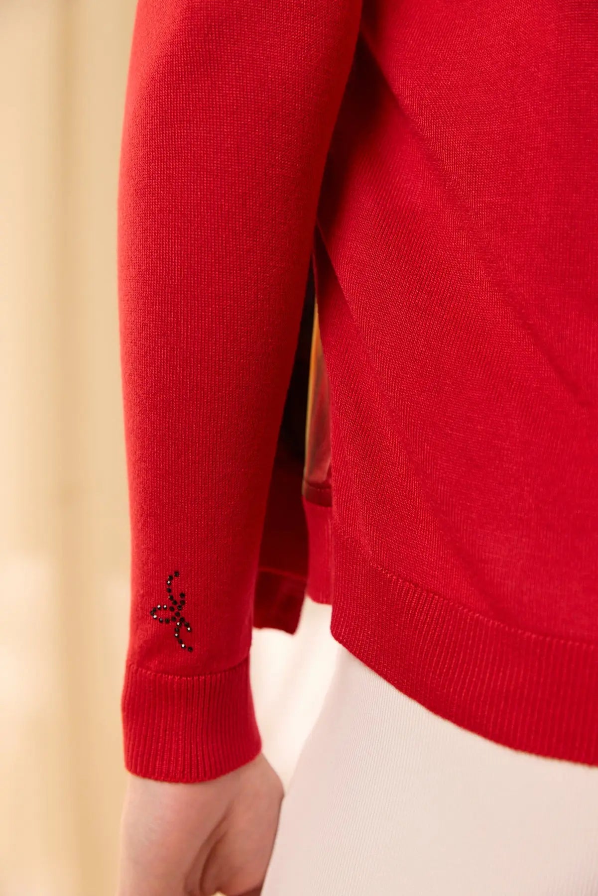 Kırmızı İpek Karışımlı Goya Yuvarlak Yaka Uzun Kollu Desenli Hırka Silk and Cashmere