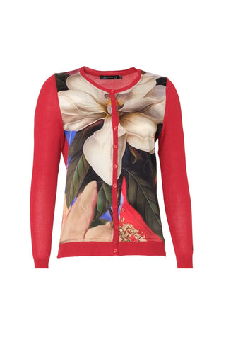 Kırmızı İpek Karışımlı Goya Yuvarlak Yaka Uzun Kollu Desenli Hırka Silk and Cashmere