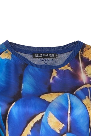Lacivert İpek Karışımlı Goya Yuvarlak Yaka Kısa Kollu Desenli Bluz Knitted/Woven