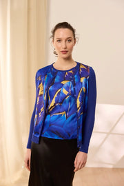 Lacivert İpek Karışımlı Goya Yuvarlak Yaka Uzun Kollu Desenli Hırka Silk and Cashmere