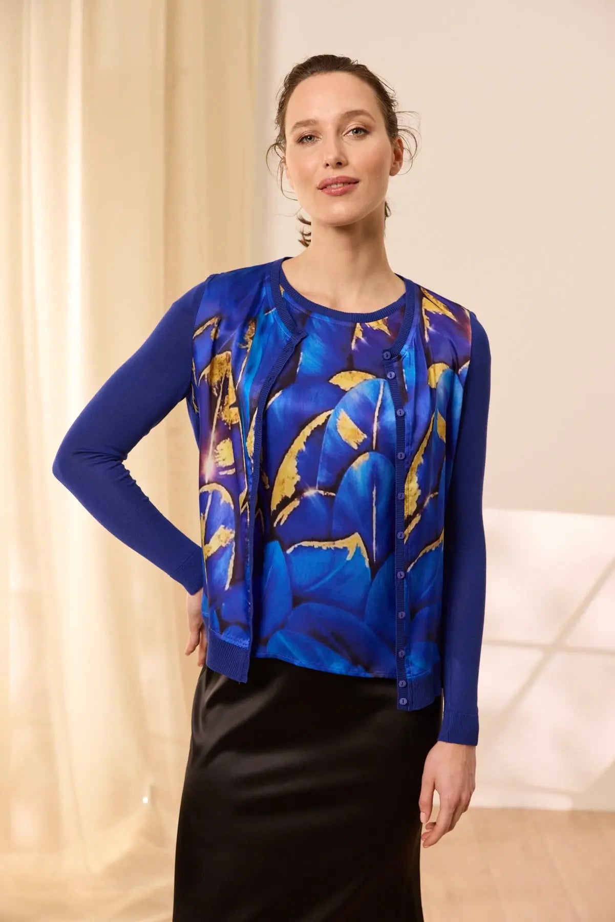 Lacivert İpek Karışımlı Goya Yuvarlak Yaka Uzun Kollu Desenli Hırka Silk and Cashmere