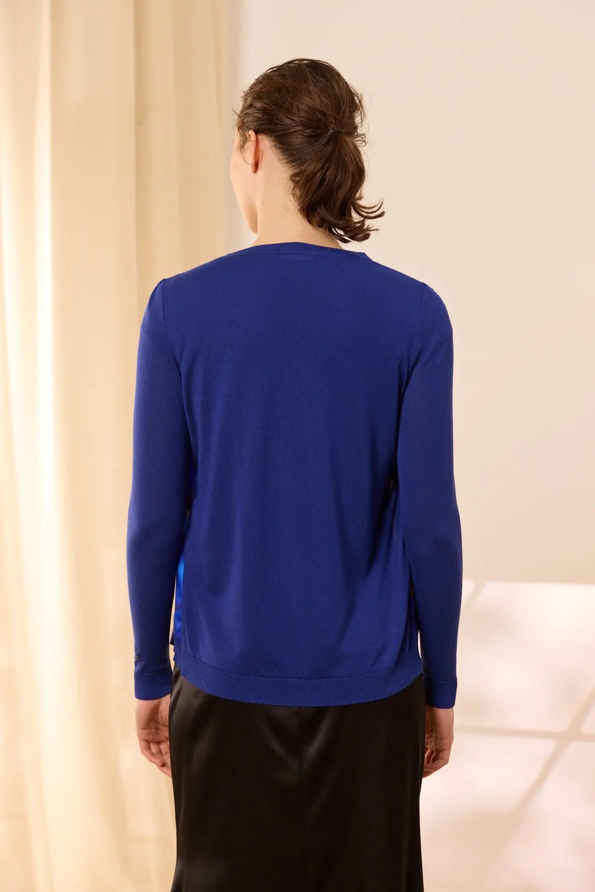 Lacivert İpek Karışımlı Goya Yuvarlak Yaka Uzun Kollu Desenli Hırka Silk and Cashmere