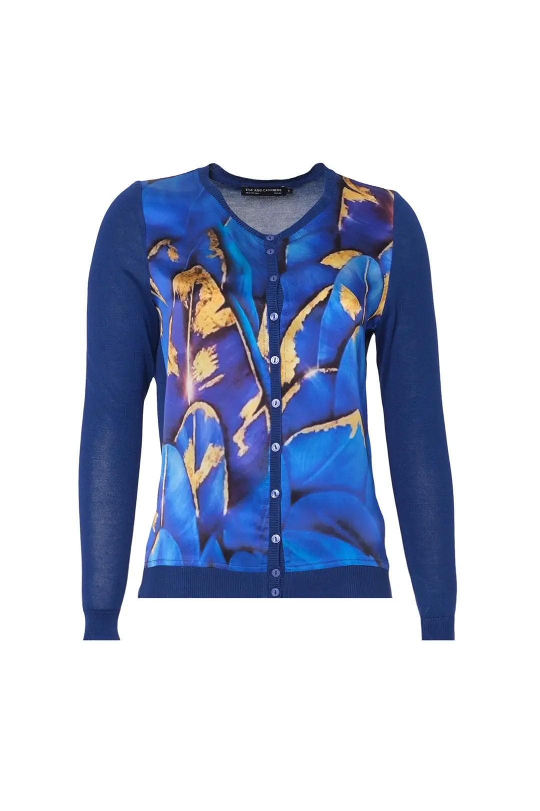 Lacivert İpek Karışımlı Goya Yuvarlak Yaka Uzun Kollu Desenli Hırka Silk and Cashmere