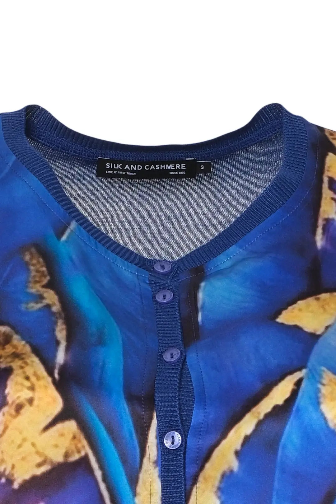 Lacivert İpek Karışımlı Goya Yuvarlak Yaka Uzun Kollu Desenli Hırka Silk and Cashmere