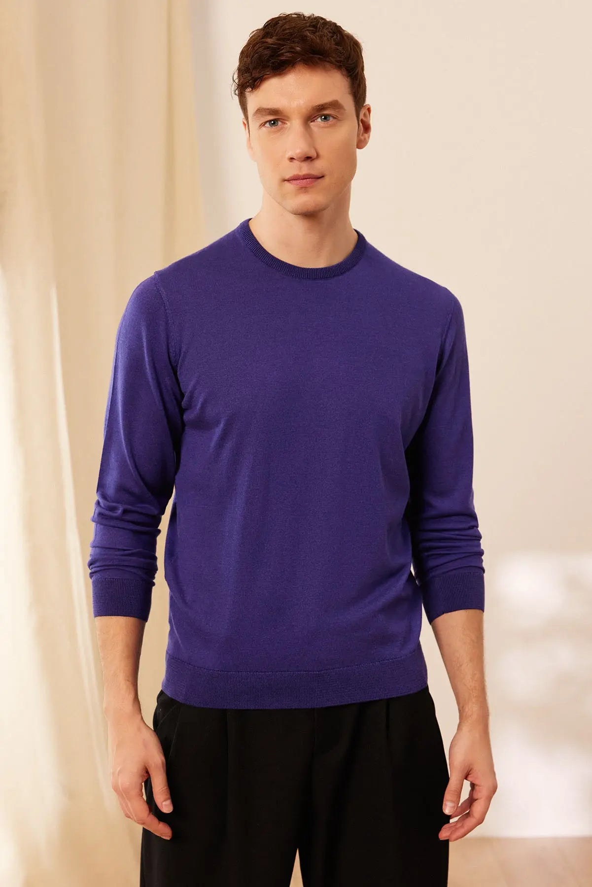 Mor İpek ve Kaşmir Yuvarlak Yaka Uzun Kollu Utku Erkek Triko