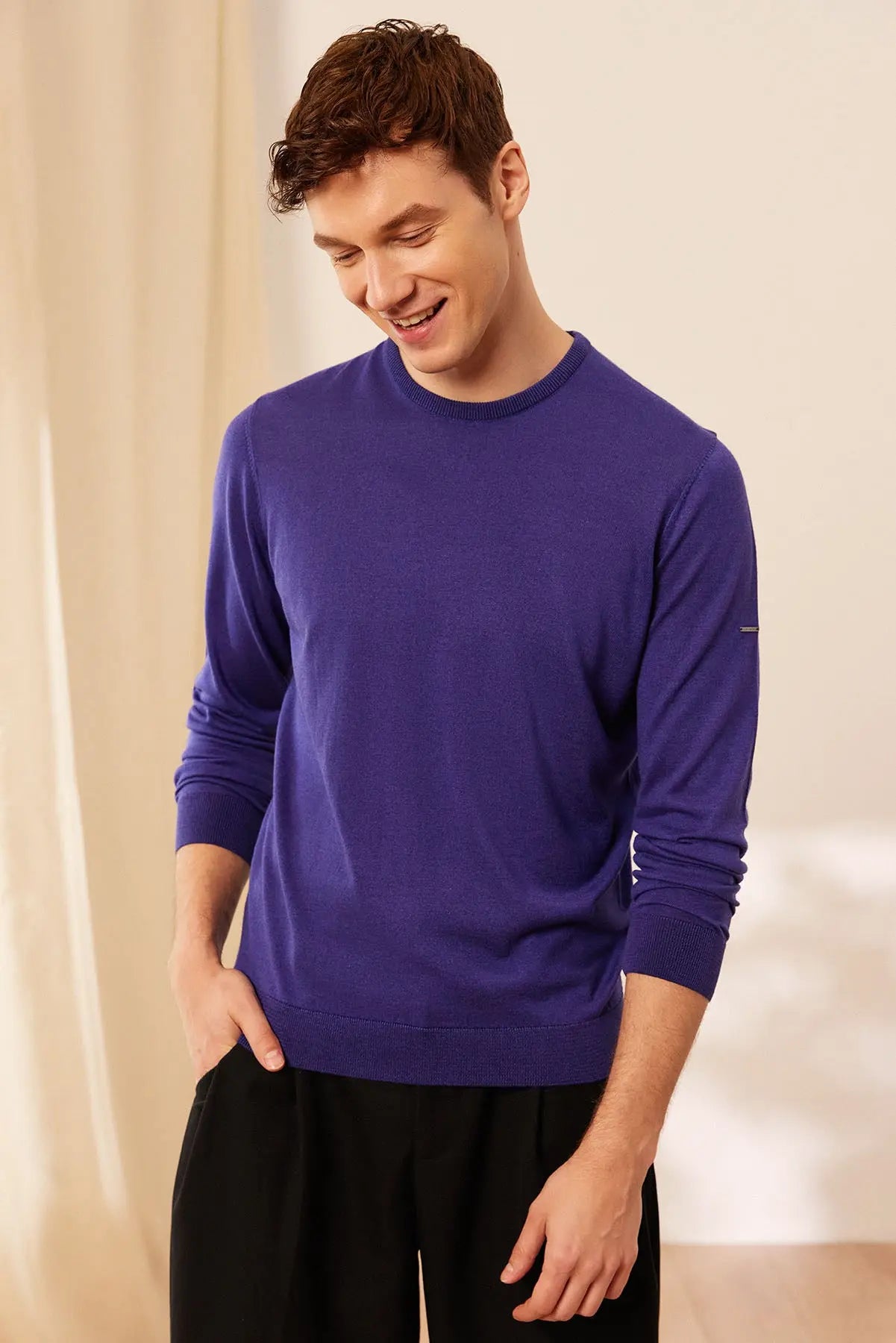 Mor İpek ve Kaşmir Yuvarlak Yaka Uzun Kollu Utku Erkek Triko