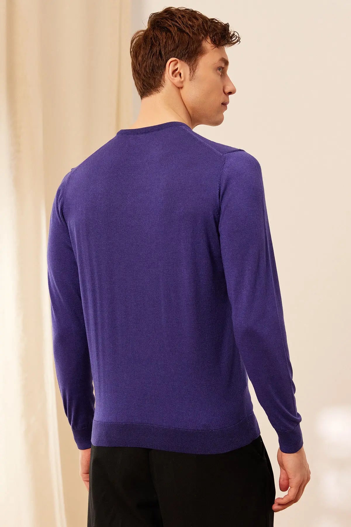Mor İpek ve Kaşmir Yuvarlak Yaka Uzun Kollu Utku Erkek Triko