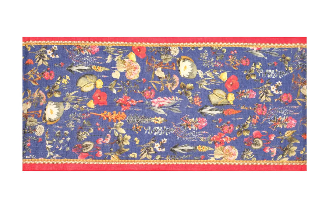 Lacivert Jas İpekli Çiçek Desen Şal Silk and Cashmere