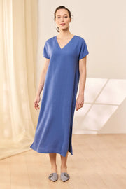 Lacivert Keten  Kate V Yaka Ksa Kollu Elbise Silk and Cashmere