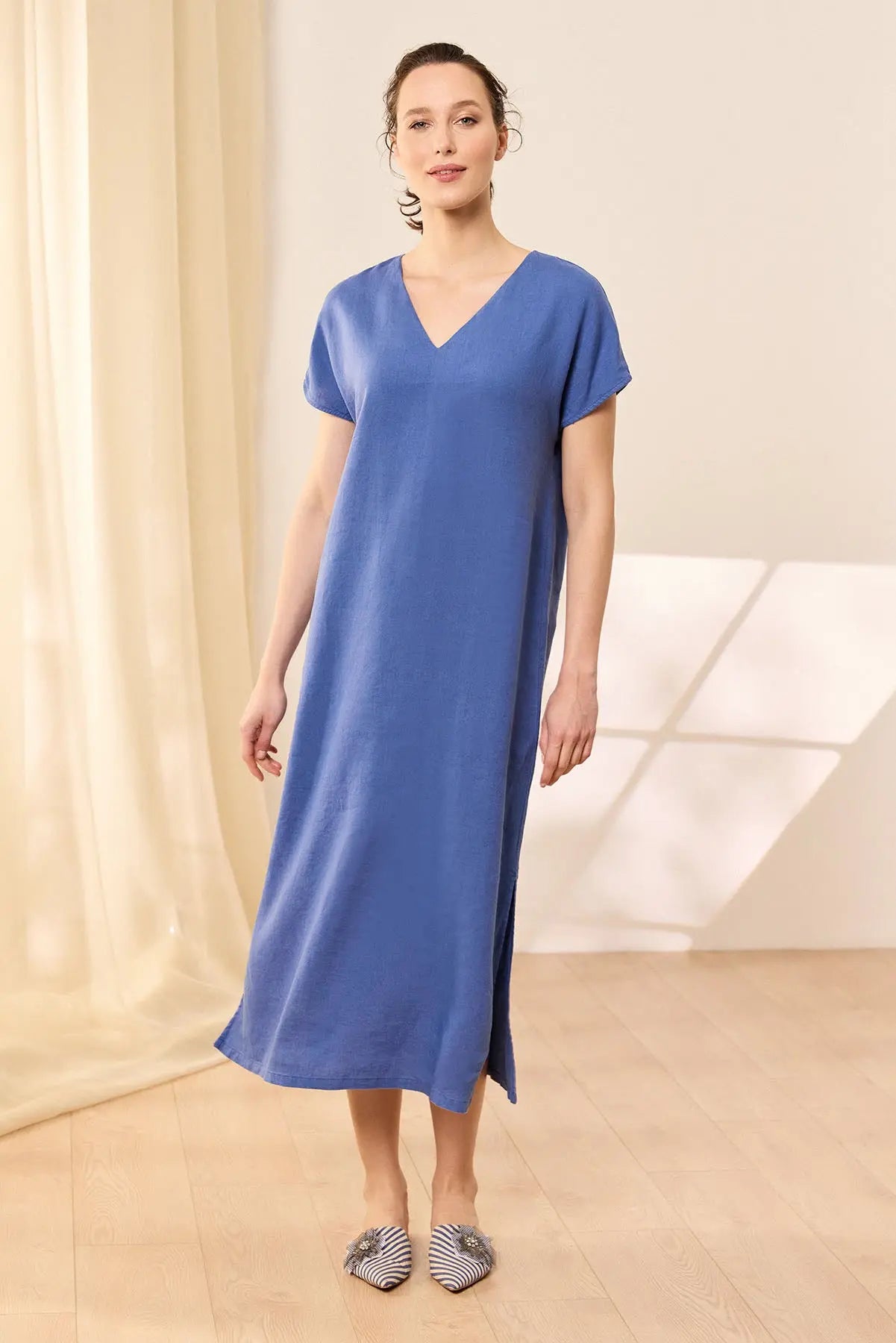 Lacivert Keten  Kate V Yaka Ksa Kollu Elbise Silk and Cashmere