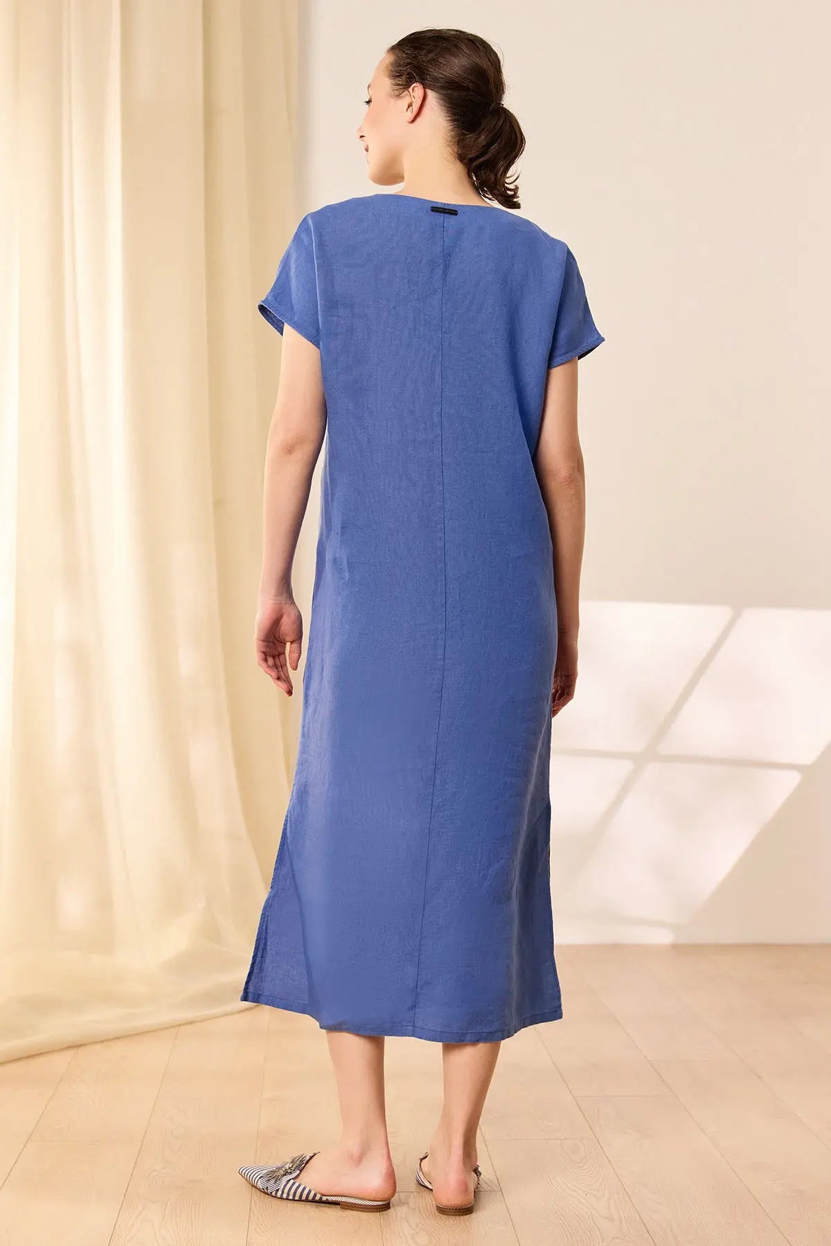 Lacivert Keten  Kate V Yaka Ksa Kollu Elbise Silk and Cashmere