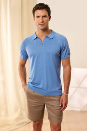 Mavi İpek Pamuk Quentin Fermuarlı Polo Yaka Kısa Kollu Erkek Triko Silk and Cashmere