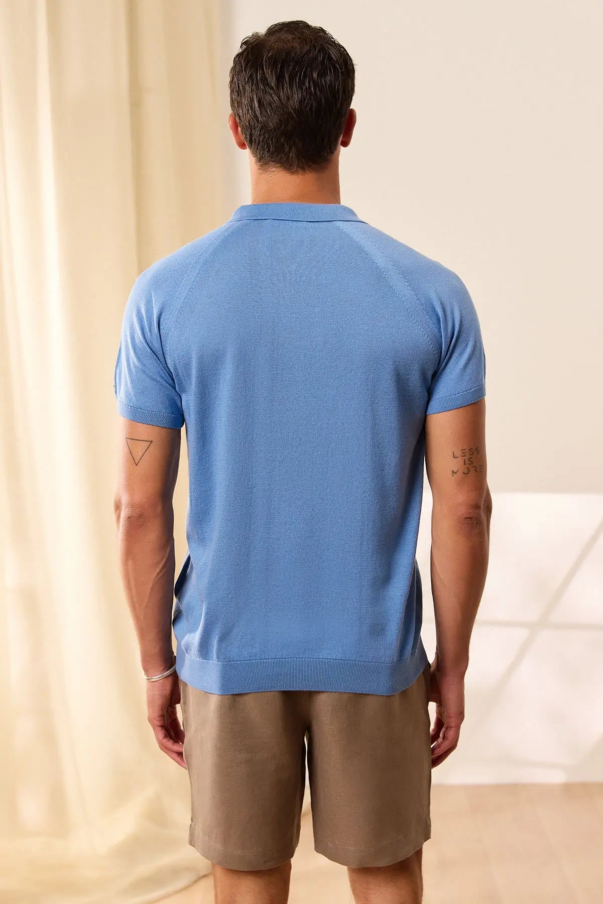 Mavi İpek Pamuk Quentin Fermuarlı Polo Yaka Kısa Kollu Erkek Triko Silk and Cashmere