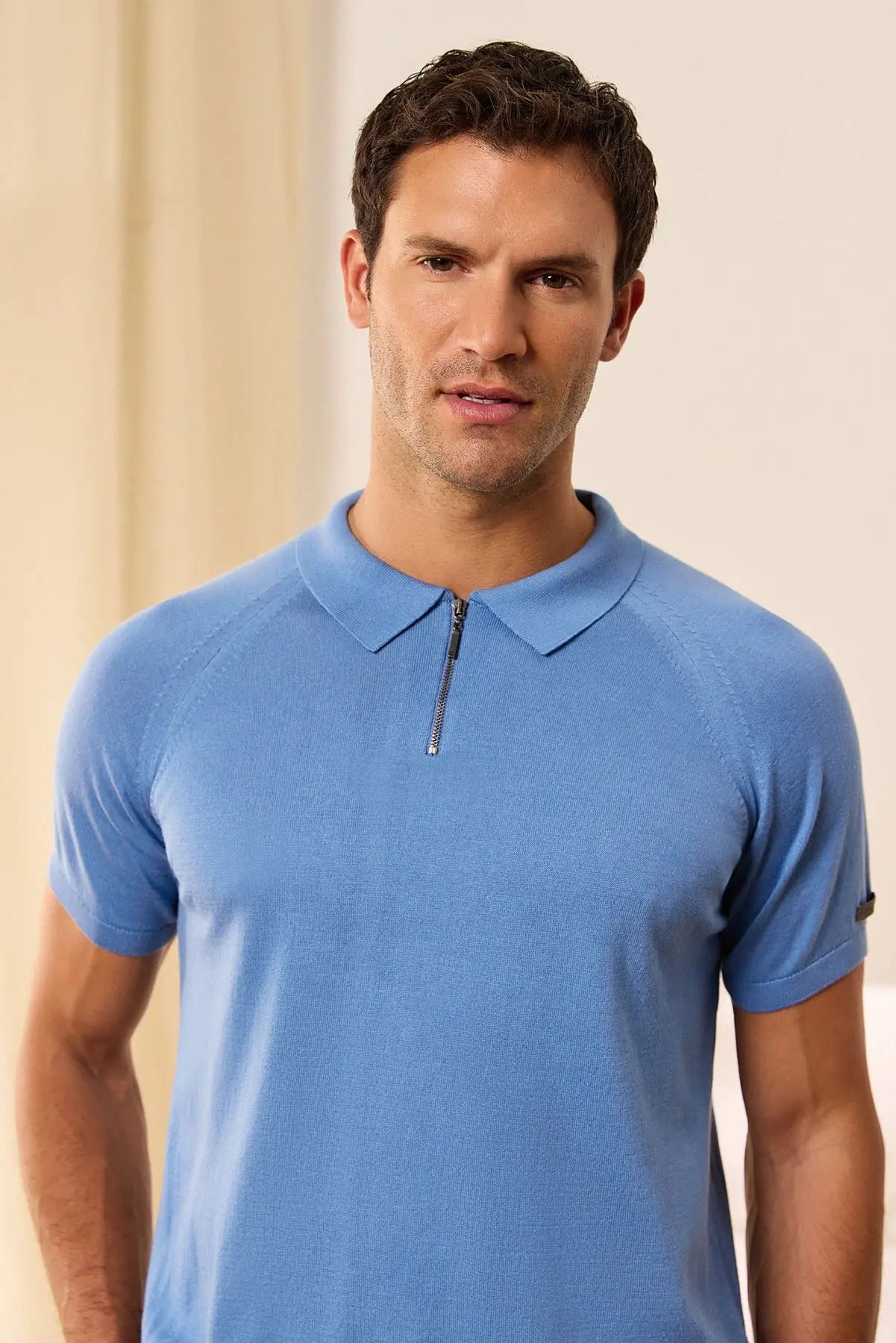 Mavi İpek Pamuk Quentin Fermuarlı Polo Yaka Kısa Kollu Erkek Triko Silk and Cashmere