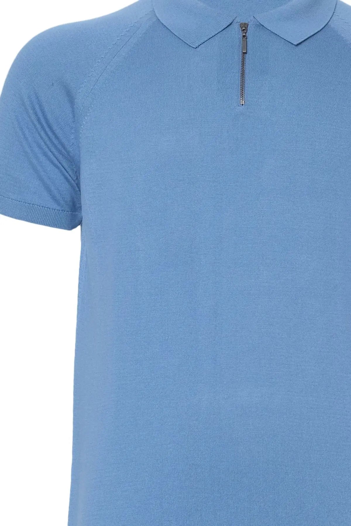 Mavi İpek Pamuk Quentin Fermuarlı Polo Yaka Kısa Kollu Erkek Triko Silk and Cashmere