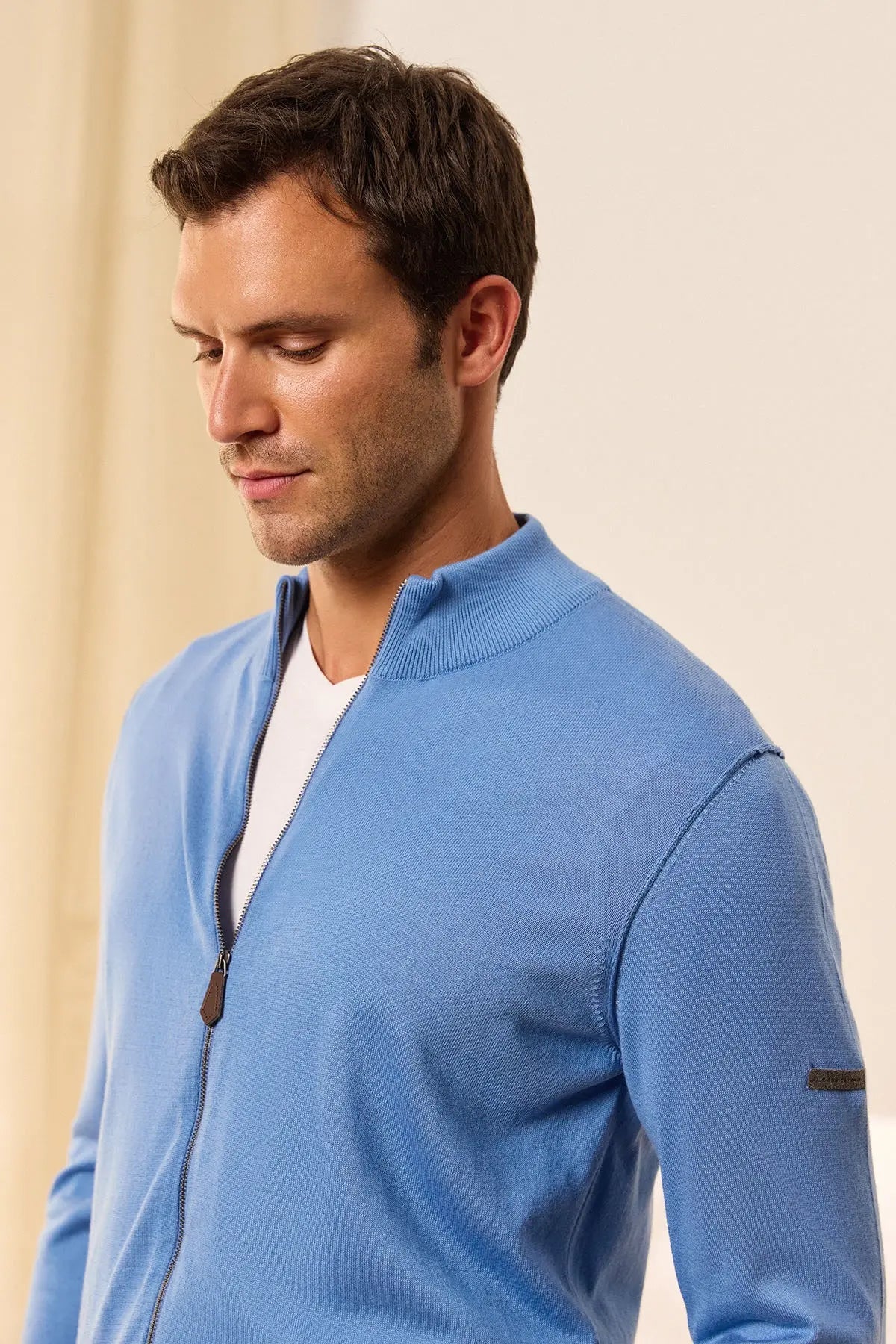 Mavi İpek Pamuk Quentin Uzun Kollu Yarım Balıkçı Yaka Erkek Hırka Silk and Cashmere