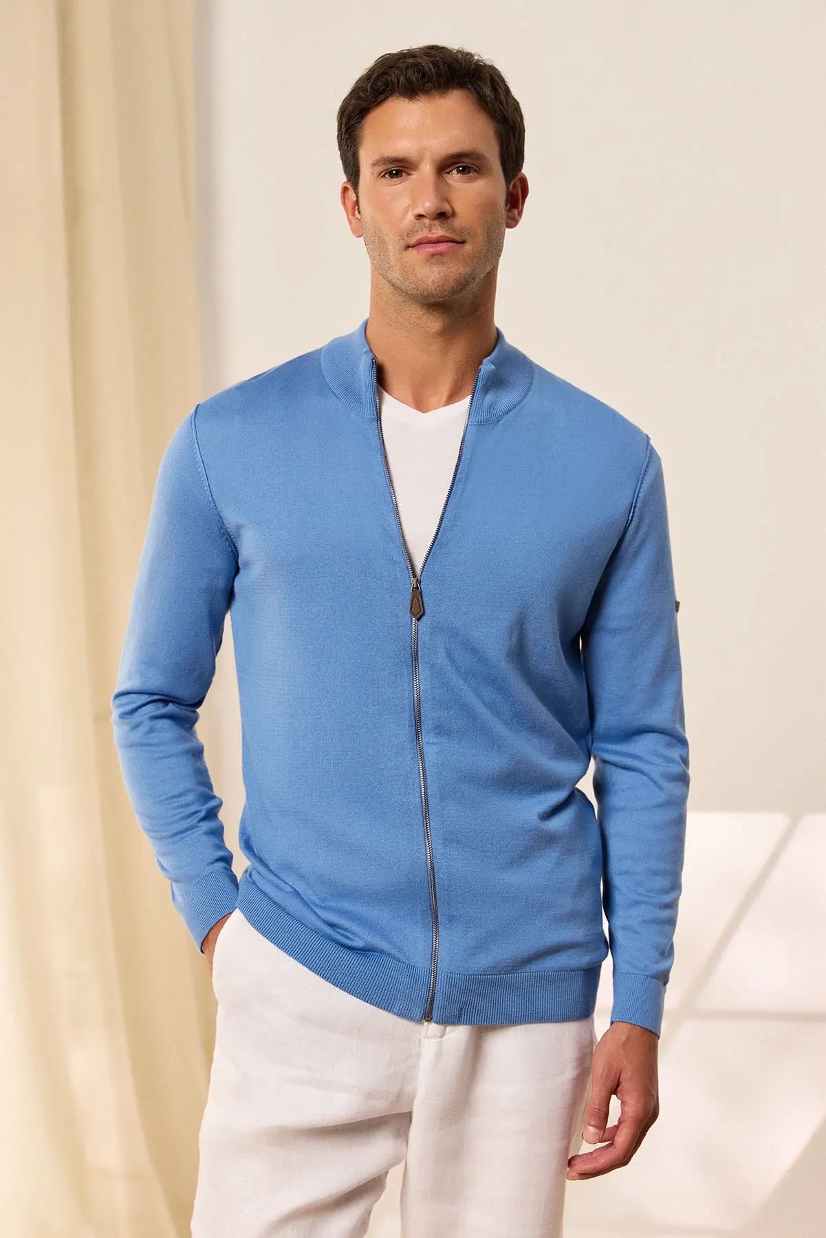 Mavi İpek Pamuk Quentin Uzun Kollu Yarım Balıkçı Yaka Erkek Hırka Silk and Cashmere