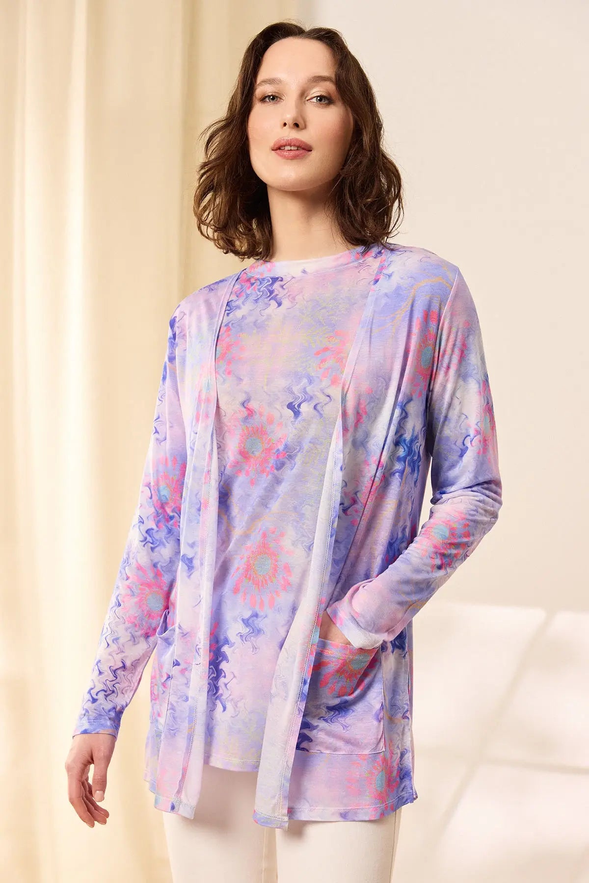 Mavi & More Sirena Etnik Baskılı Süper İnce Modal Tişört Hırka Silk and Cashmere