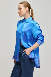Lacivert Nature İpek Desenli Uzun Kollu Gömlek
