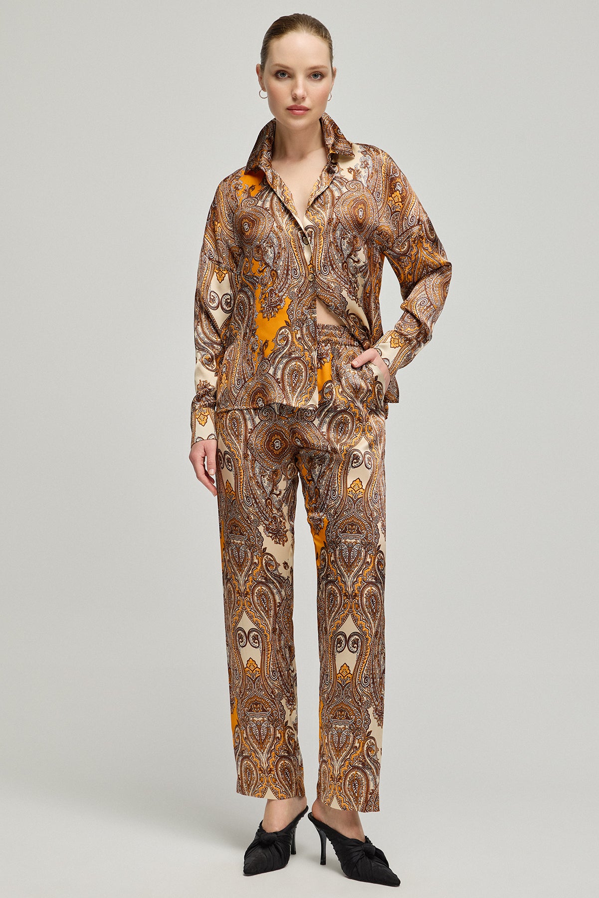 Turuncu Flow Saf İpek Baskılı Uzun Kollu Gömlek