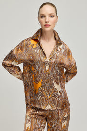 Turuncu Flow Saf İpek Baskılı Uzun Kollu Gömlek