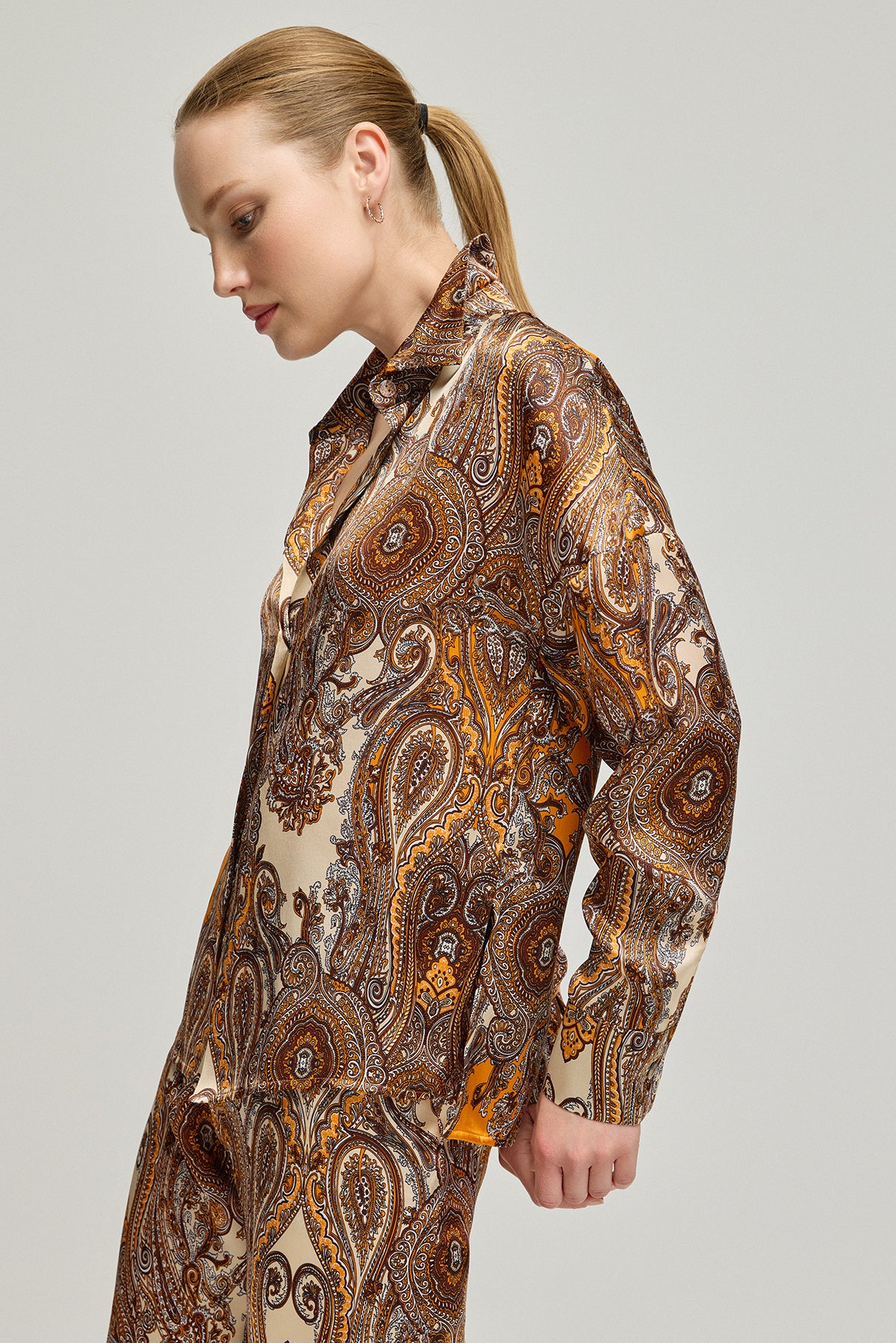 Turuncu Flow Saf İpek Baskılı Uzun Kollu Gömlek