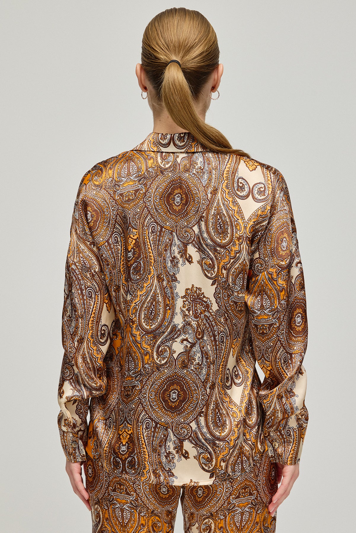 Turuncu Flow Saf İpek Baskılı Uzun Kollu Gömlek
