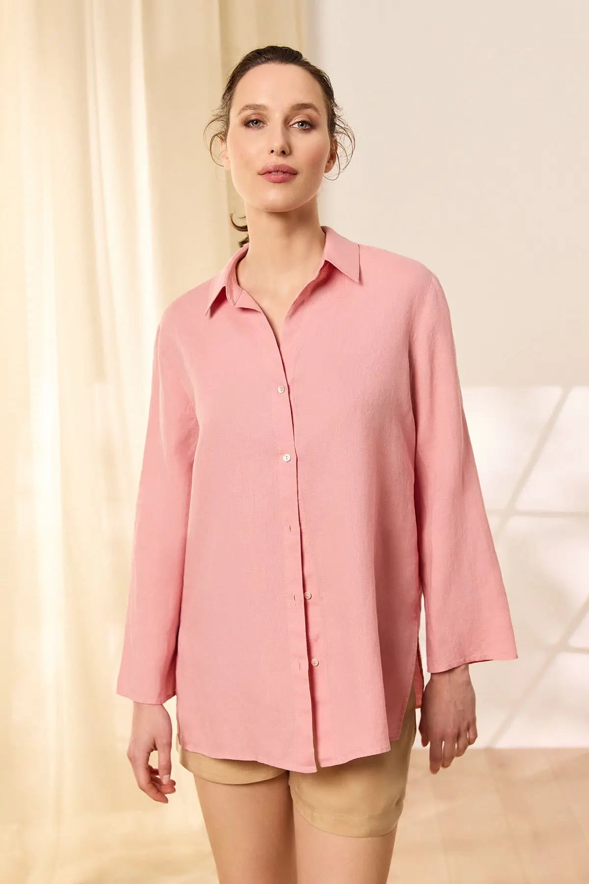 Pembe Keten Kate Uzun Kollu Gömlek Tunik Silk and Cashmere